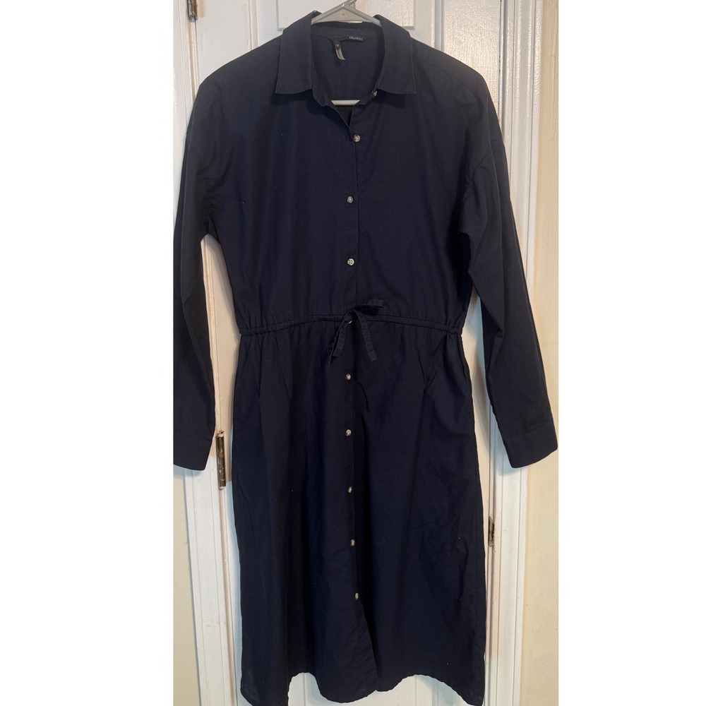 Obakki Navy Blue Button Front Drawstring Waist Long Sleeve Shirt Dress XS